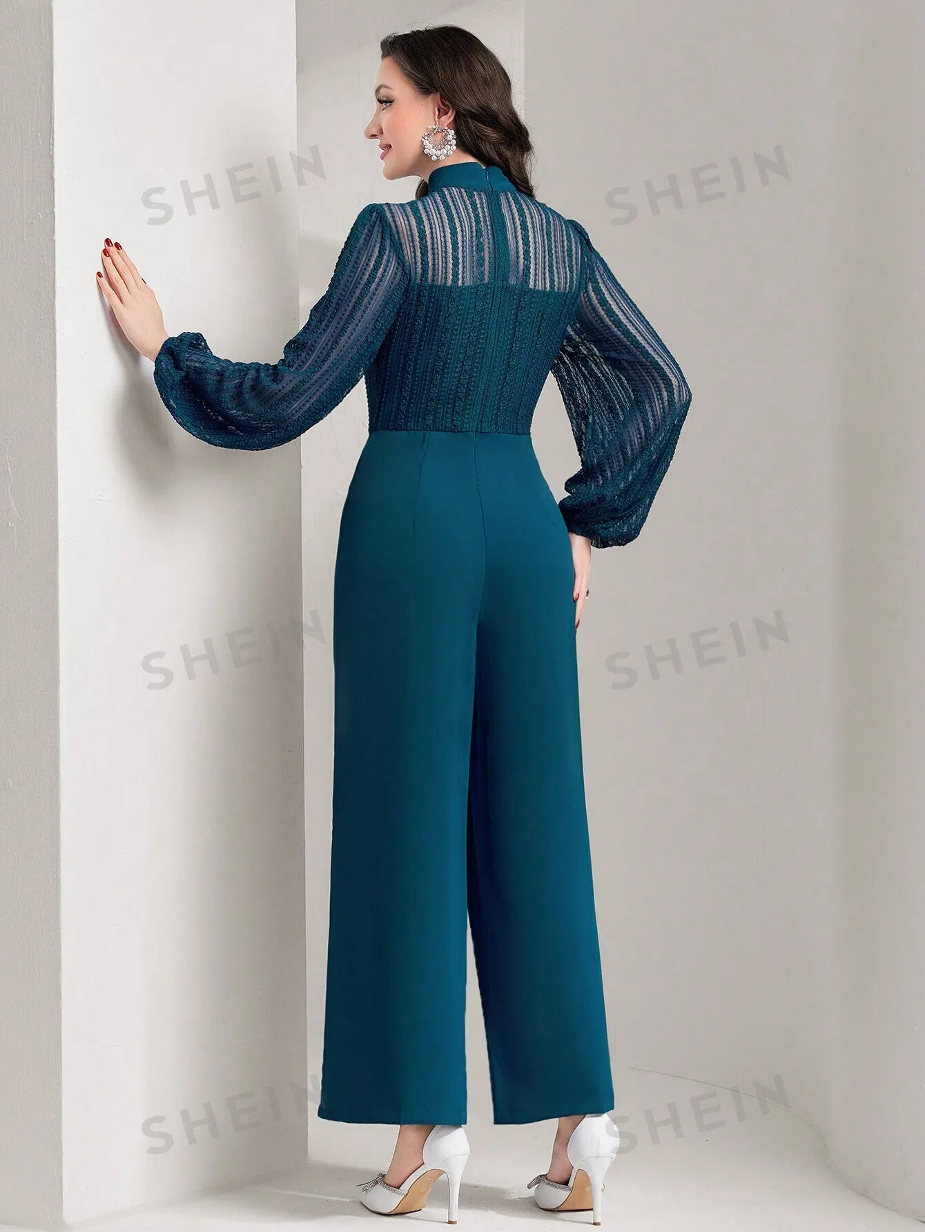 Modely Women's Mesh Patchwork Half High Neck Lantern Sleeve Wide Leg Jumpsuit (belt Not Included)