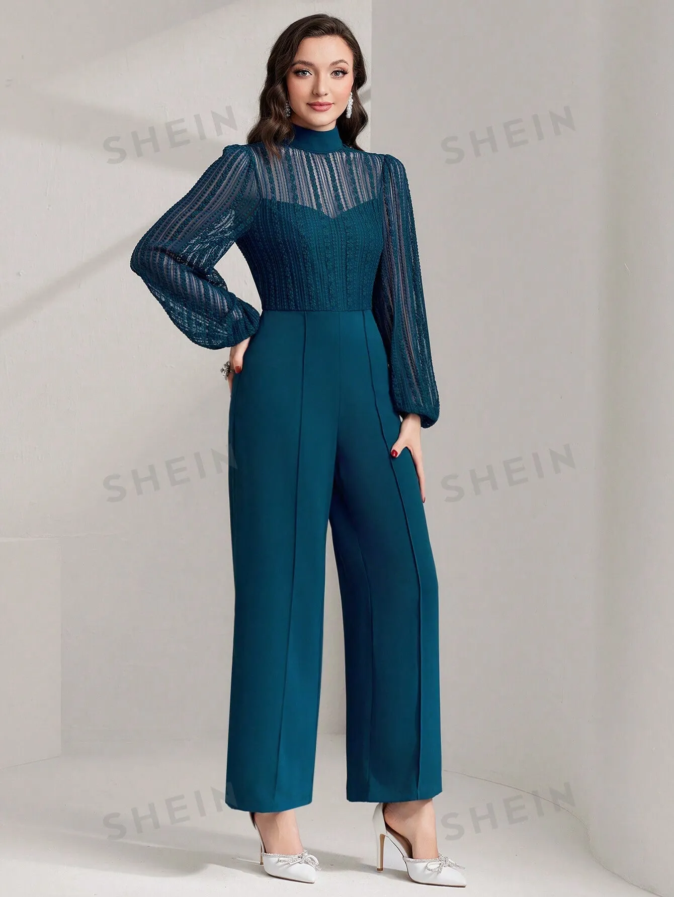 Modely Women's Mesh Patchwork Half High Neck Lantern Sleeve Wide Leg Jumpsuit (belt Not Included)