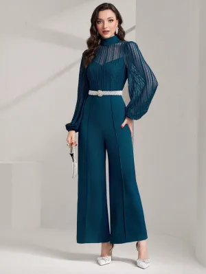 Modely Women's Mesh Patchwork Half High Neck Lantern Sleeve Wide Leg Jumpsuit (belt Not Included)