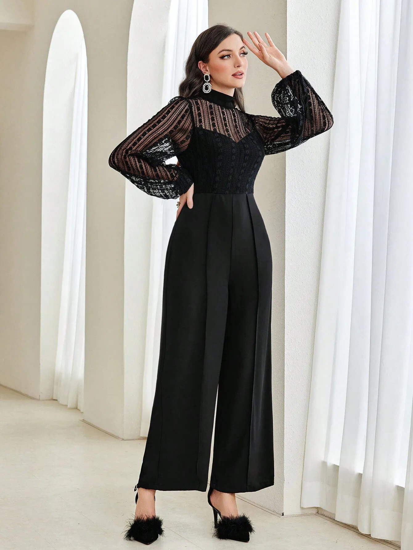 Modely Women's Mesh Patchwork Half High Neck Lantern Sleeve Wide Leg Jumpsuit (belt Not Included)