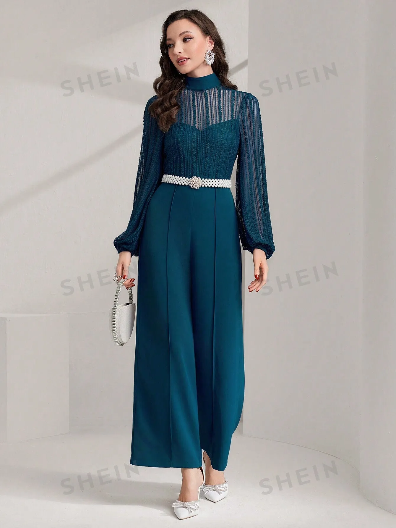 Modely Women's Mesh Patchwork Half High Neck Lantern Sleeve Wide Leg Jumpsuit (belt Not Included)