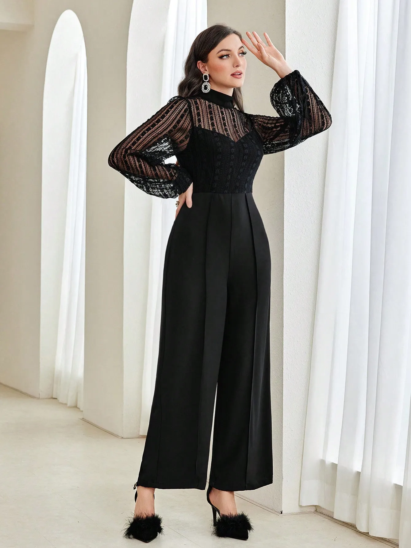 Modely Women's Mesh Patchwork Half High Neck Lantern Sleeve Wide Leg Jumpsuit (belt Not Included)