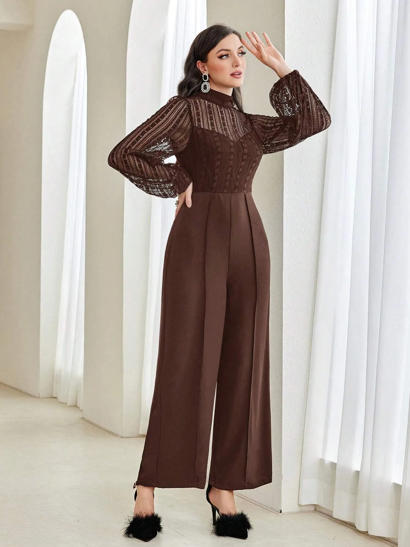 Modely Women's Mesh Patchwork Half High Neck Lantern Sleeve Wide Leg Jumpsuit (belt Not Included)