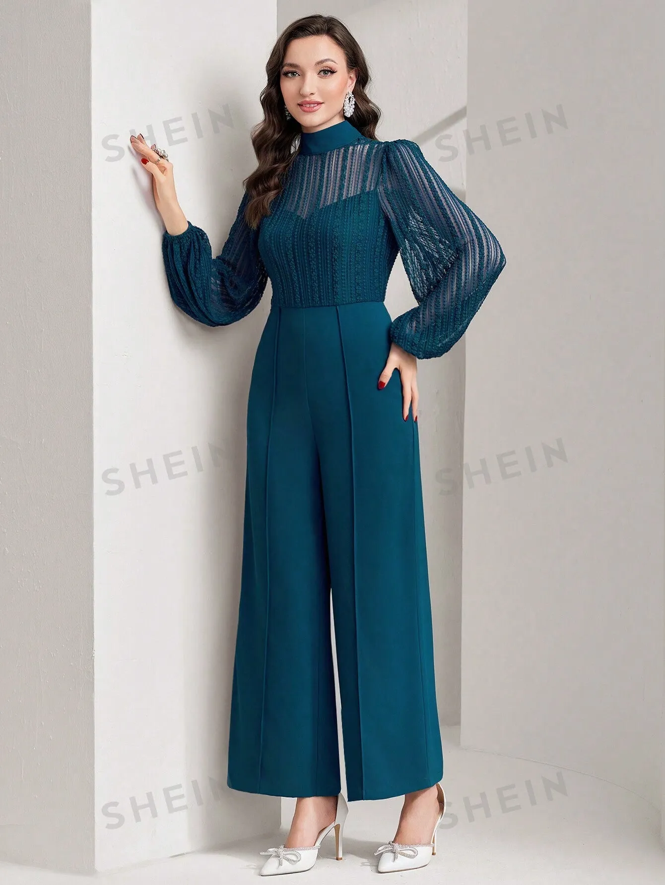 Modely Women's Mesh Patchwork Half High Neck Lantern Sleeve Wide Leg Jumpsuit (belt Not Included)