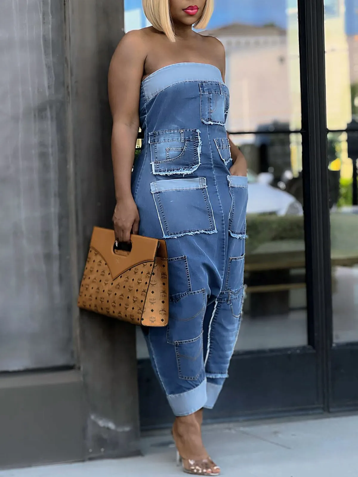 Multiple Pockets Denim Utility Jumpsuit