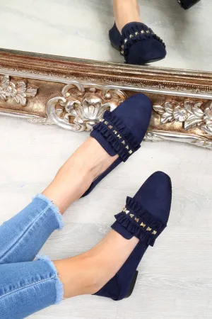Navy Faux Suede Studded Loafers - Kenia