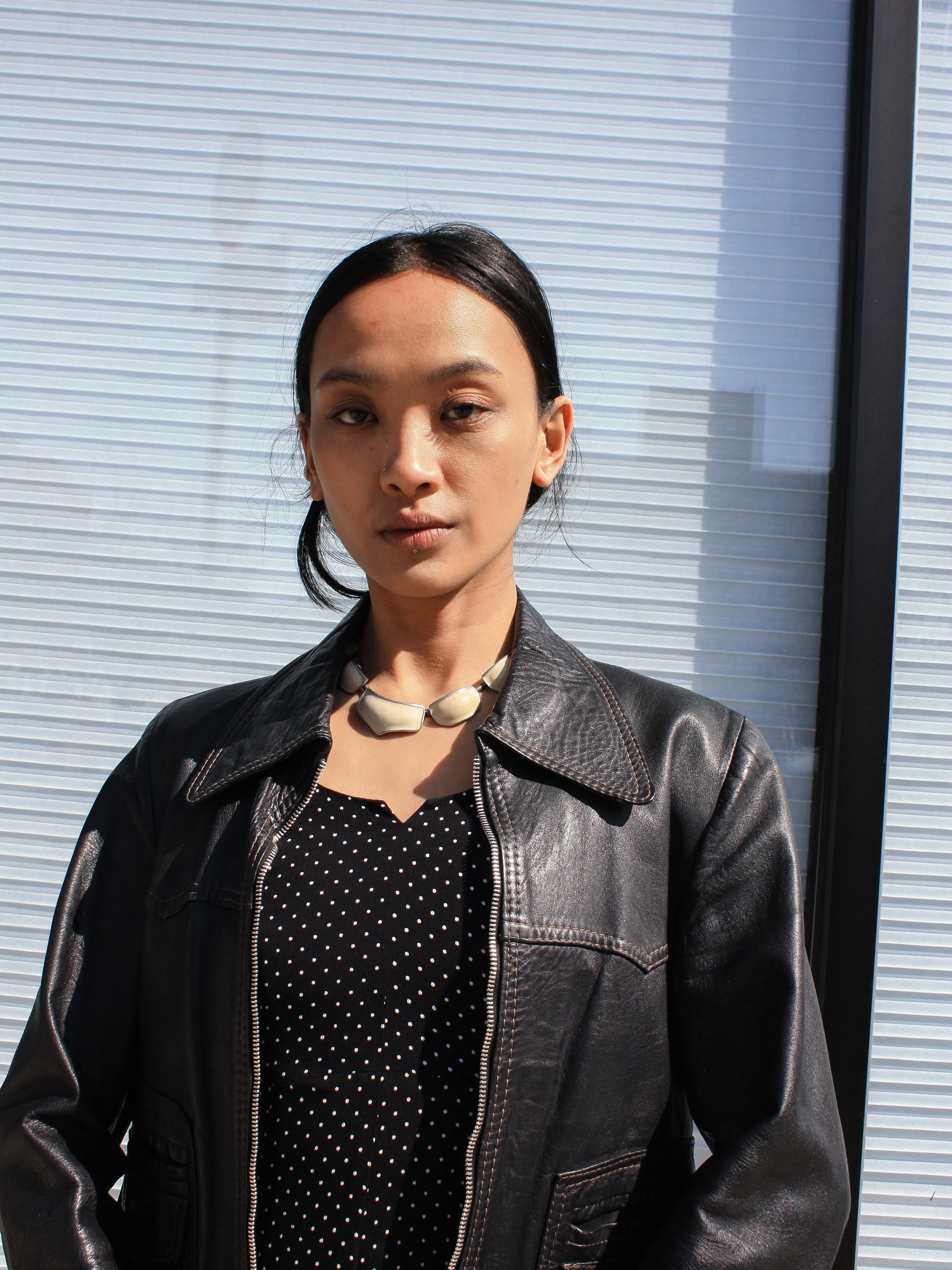 Navy Leather Bomber