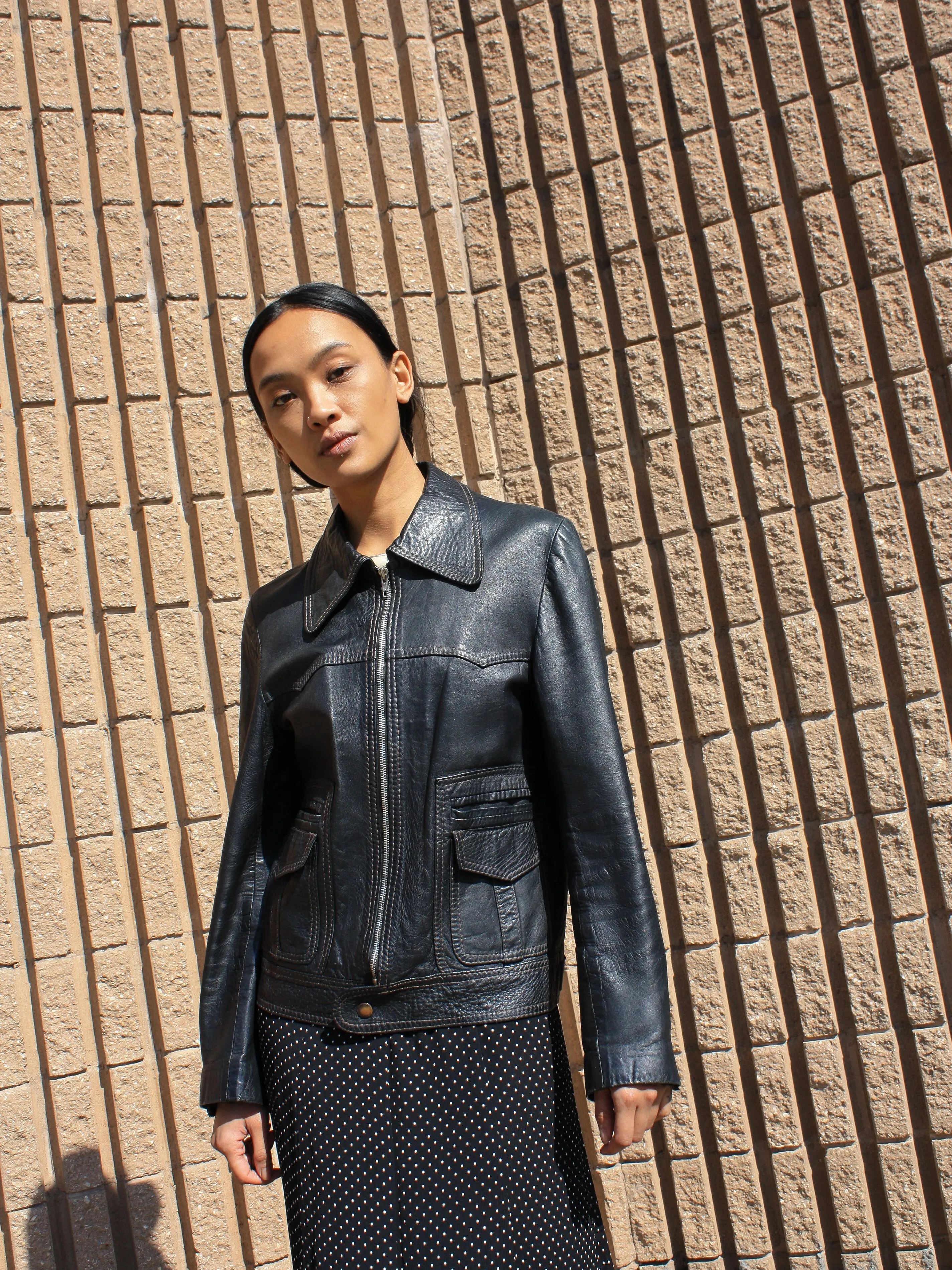 Navy Leather Bomber