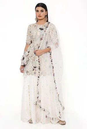 NAVYA OFF WHITE GEORGETTE EMBROIDERED KURTA AND ABLA SILK SHARARA WITH NET MUKAISH DUPATTA
