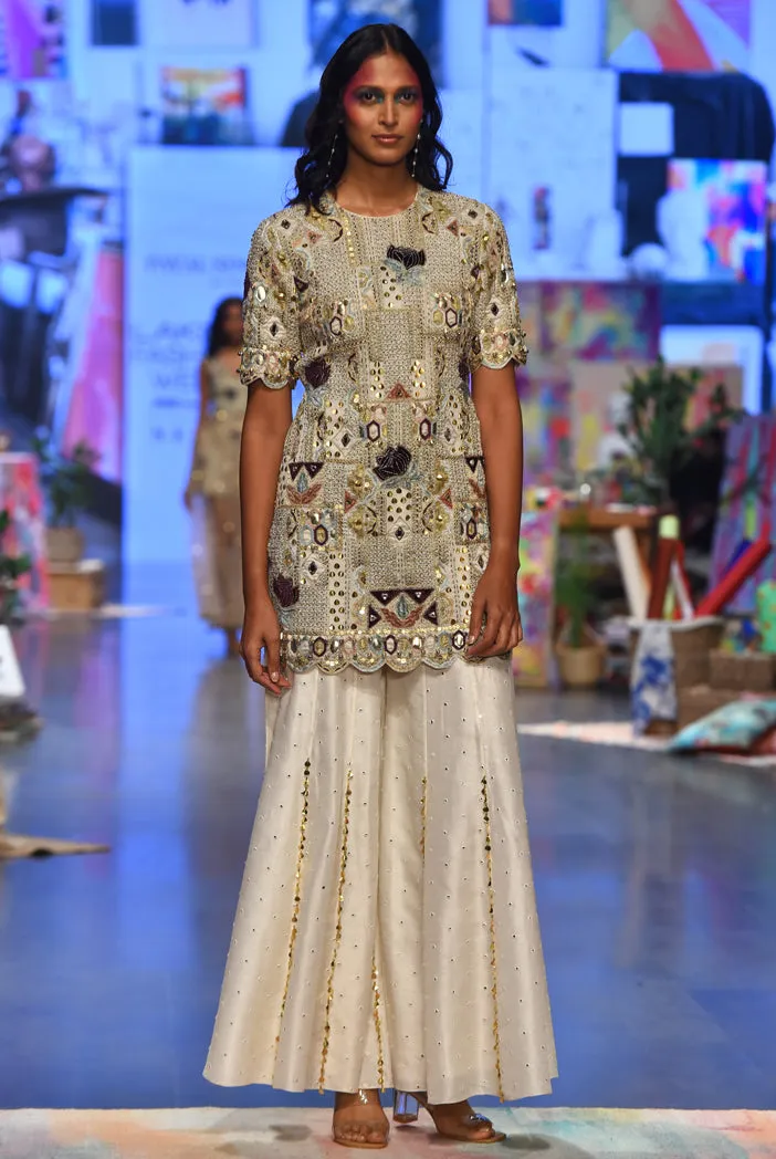 NAVYA OFF WHITE GEORGETTE EMBROIDERED KURTA AND ABLA SILK SHARARA WITH NET MUKAISH DUPATTA