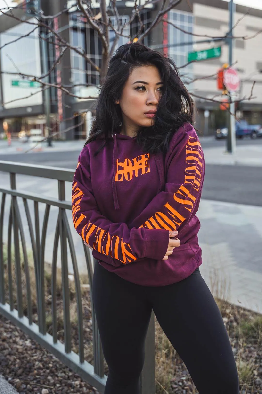 Neon Orange LOVE | Maroon Hoodie (Neon Orange Sauce Is Forever Sleeves)