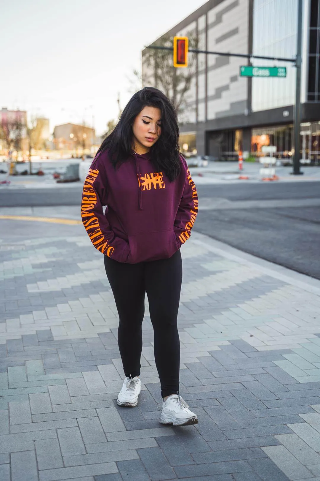 Neon Orange LOVE | Maroon Hoodie (Neon Orange Sauce Is Forever Sleeves)