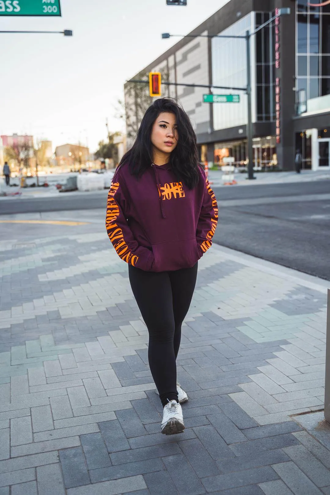 Neon Orange LOVE | Maroon Hoodie (Neon Orange Sauce Is Forever Sleeves)