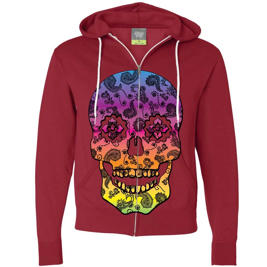 Neon Paisley Print Sugar Skull Zip-Up Hoodie
