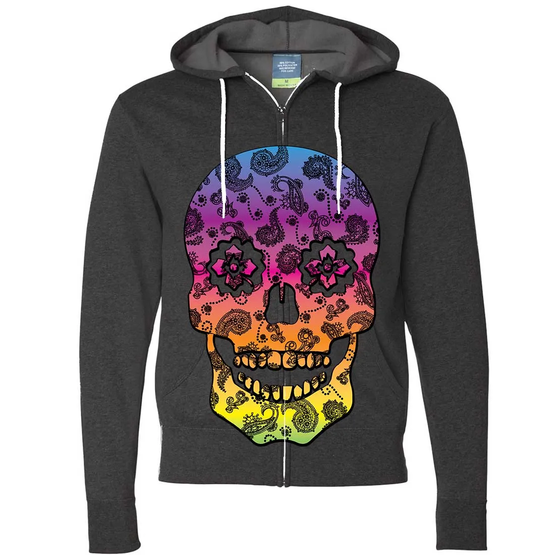 Neon Paisley Print Sugar Skull Zip-Up Hoodie