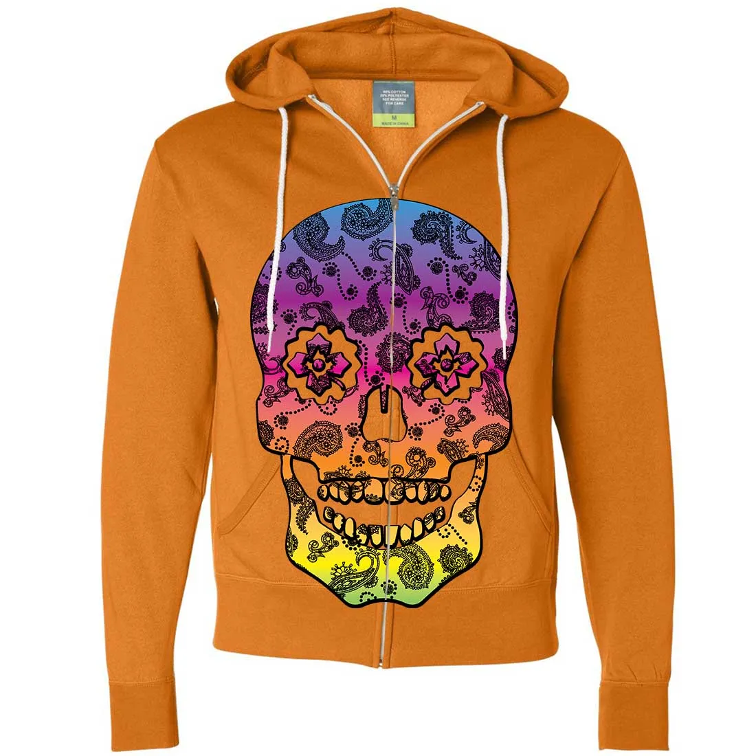 Neon Paisley Print Sugar Skull Zip-Up Hoodie