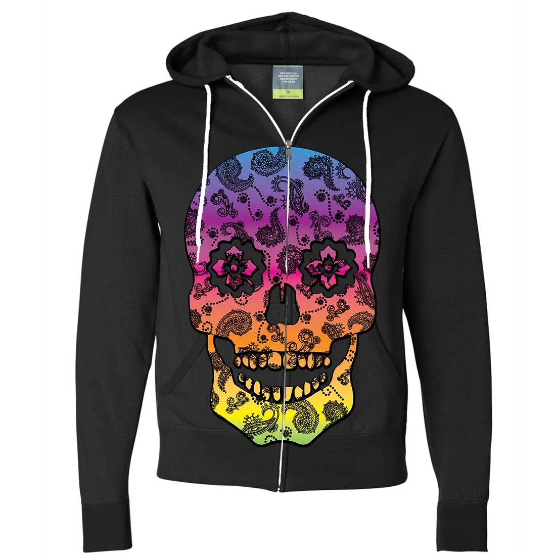 Neon Paisley Print Sugar Skull Zip-Up Hoodie