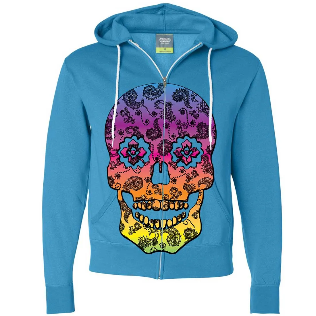 Neon Paisley Print Sugar Skull Zip-Up Hoodie