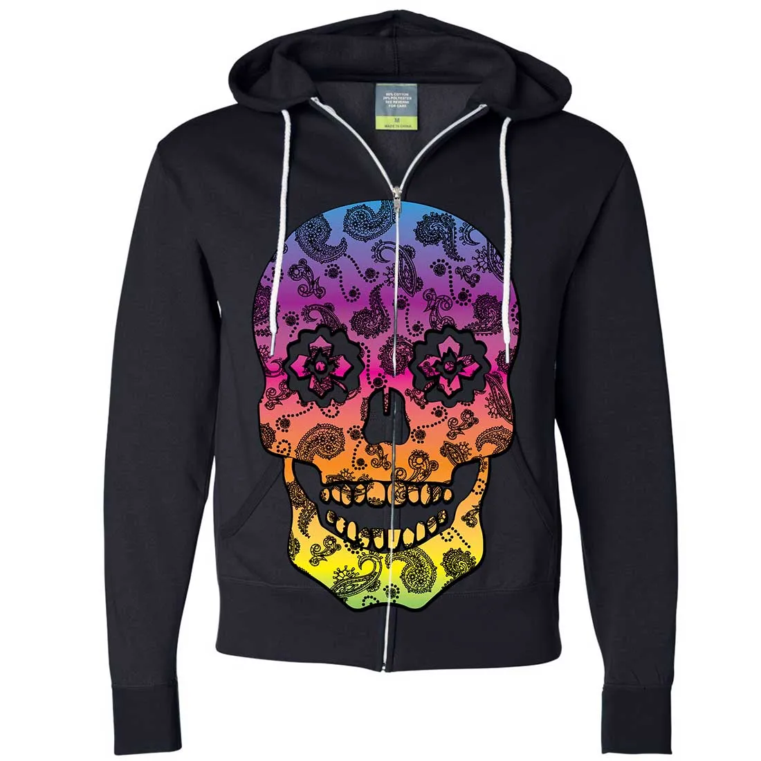 Neon Paisley Print Sugar Skull Zip-Up Hoodie