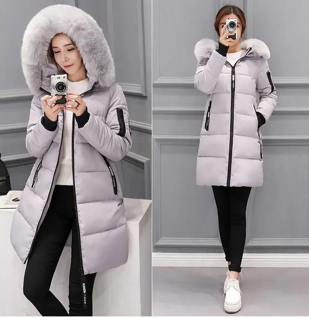 New 2018 autumn Winter women fur collar Long hoodie Down Jacket Plus Size Hooded cotton thick warm Windproof Parkas