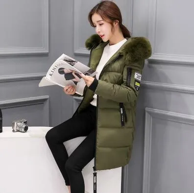 New 2018 autumn Winter women fur collar Long hoodie Down Jacket Plus Size Hooded cotton thick warm Windproof Parkas