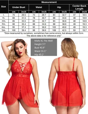 New Avidlove Plus Size Babydoll Womens Snap Crotch Lingerie V Neck Lace Nighty Mesh Sleepwear, Red, Sz 2X!