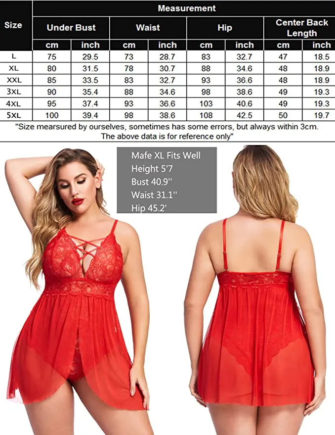 New Avidlove Plus Size Babydoll Womens Snap Crotch Lingerie V Neck Lace Nighty Mesh Sleepwear, Red, Sz 2X!