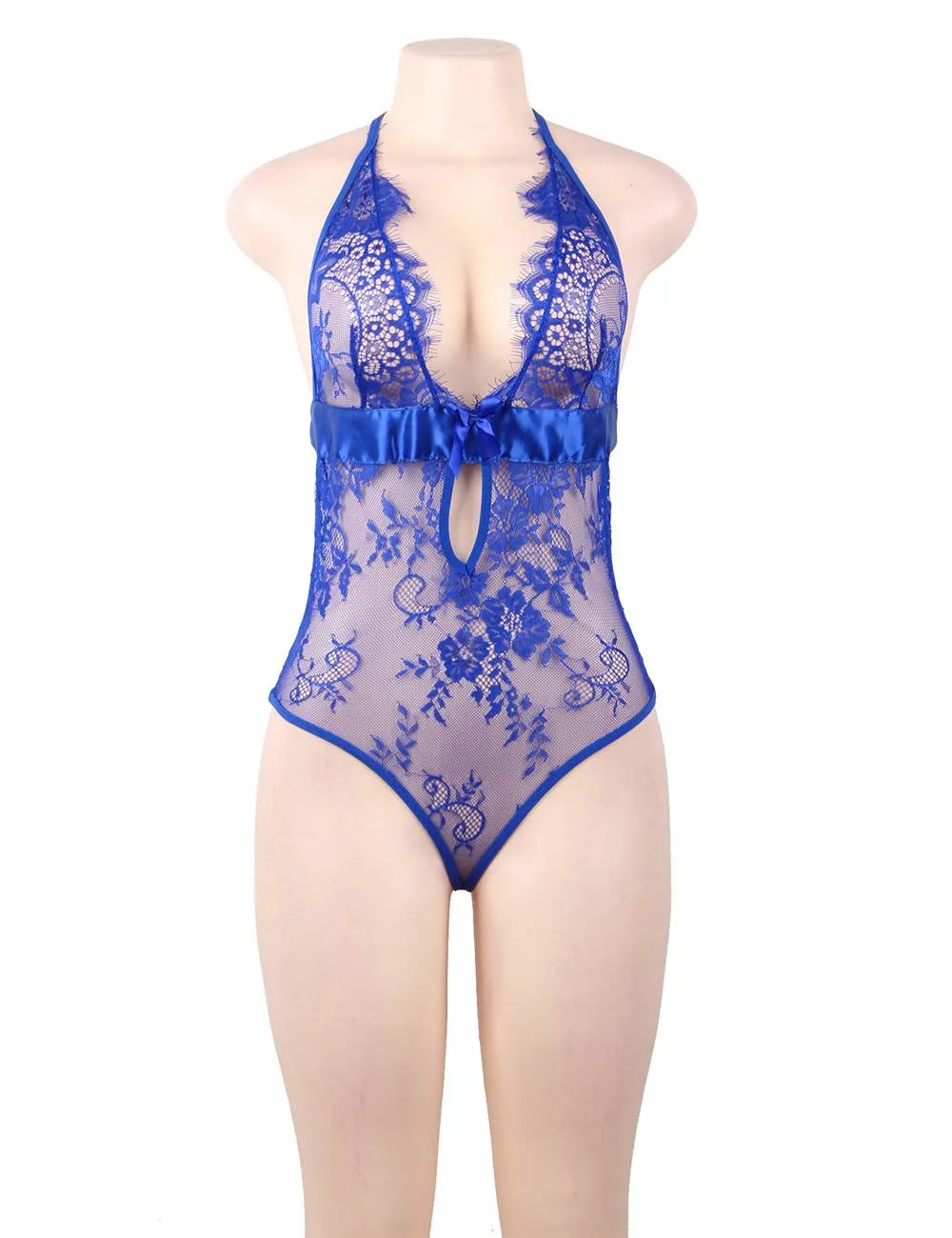 New Black & Red & Blue Deep V Backless Exquisite Lace Teddy With Farawlaya