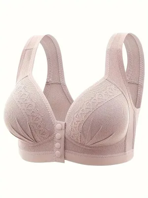 NEW Button Front Mesh Stitching Wireless Bra, Comfy & Breathable Stretchy Intimates Bra, Women's Lingerie & Underwear, Pale Mauve - Size 40 - Retails $73 