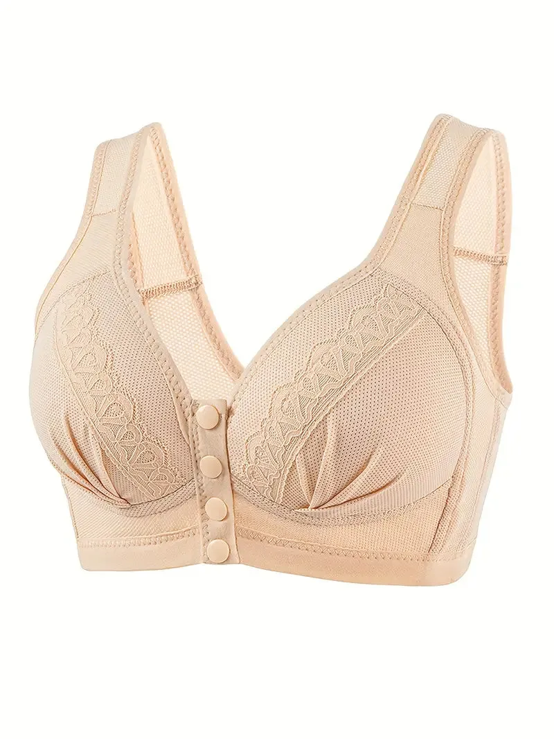 NEW Button Front Mesh Stitching Wireless Bras, Comfy & Breathable Stretchy Intimates Bra, Women's Lingerie & Underwear - Size 42 - Retails $73 