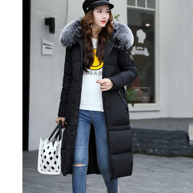 New Women Winter Elegant Long Down Coat 2017 Fashion Female Duck Parkas Thick Warm Big Fur Collar Down Jacket Slim Plus Size