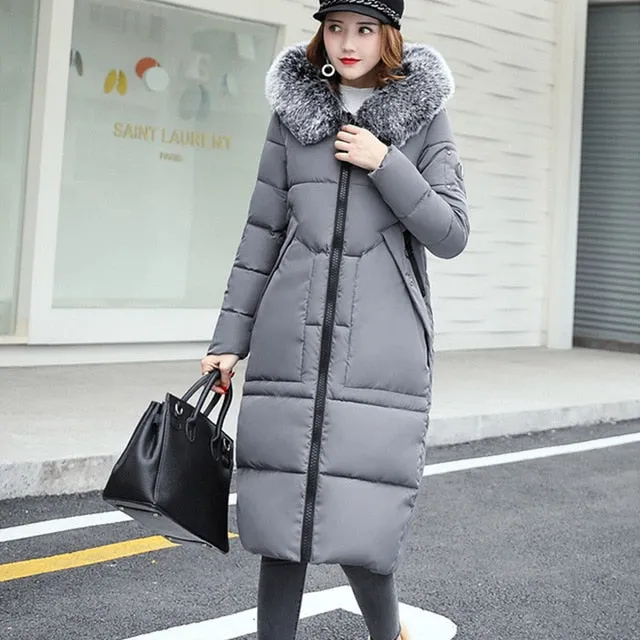 New Women Winter Elegant Long Down Coat 2017 Fashion Female Duck Parkas Thick Warm Big Fur Collar Down Jacket Slim Plus Size