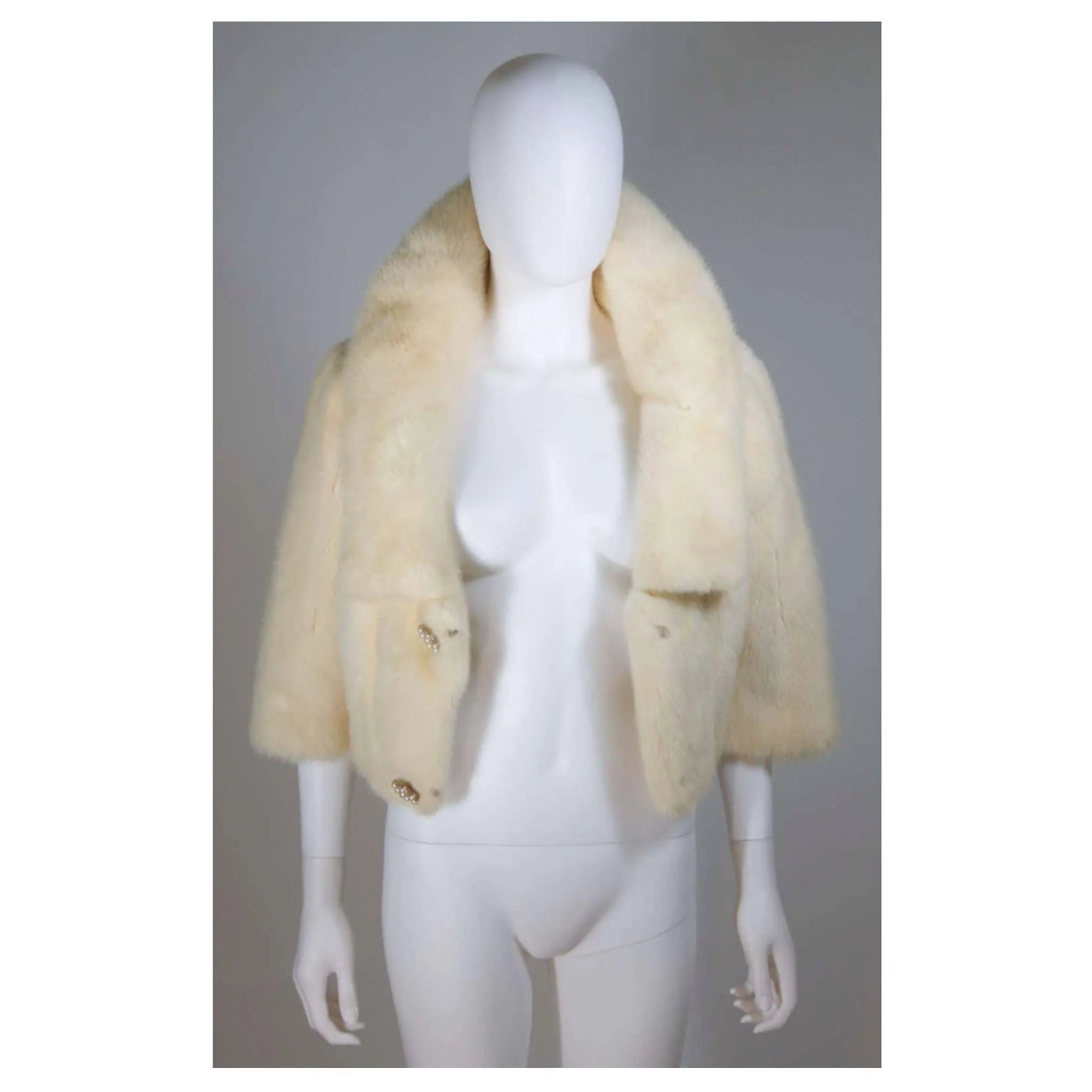 OLEG CASSINI Cream Mink Jacket w/ Rhinestone & Buttons Size 6-8