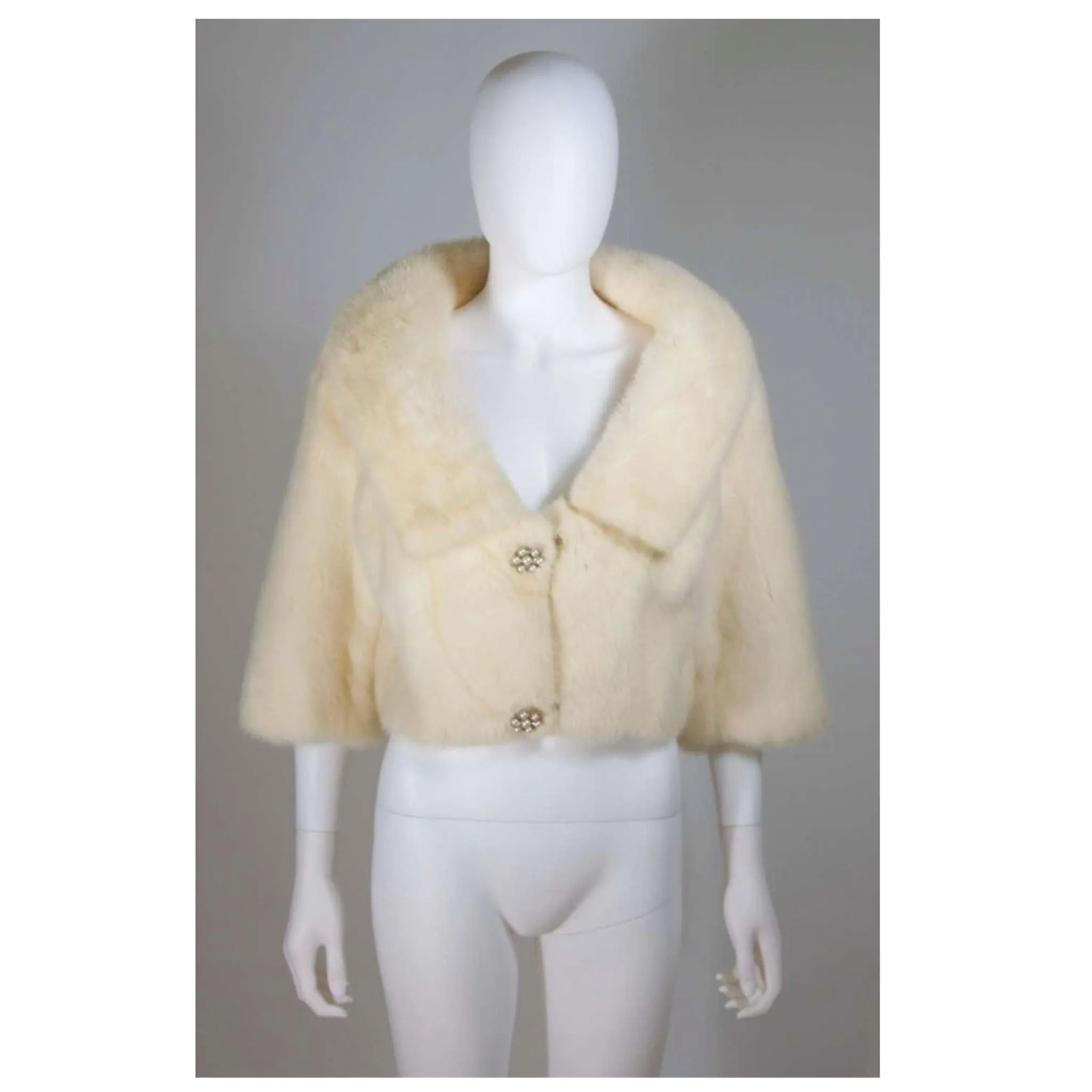 OLEG CASSINI Cream Mink Jacket w/ Rhinestone & Buttons Size 6-8
