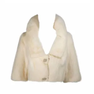 OLEG CASSINI Cream Mink Jacket w/ Rhinestone & Buttons Size 6-8