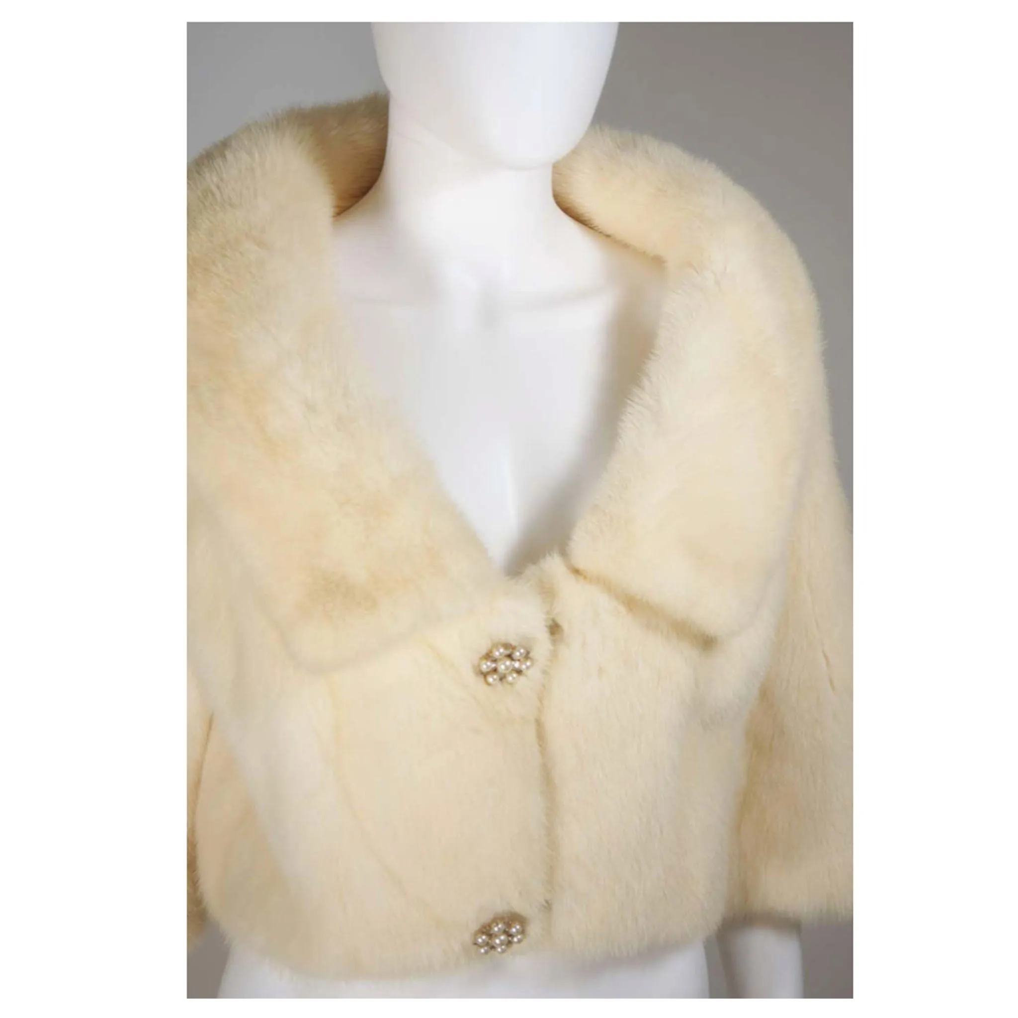 OLEG CASSINI Cream Mink Jacket w/ Rhinestone & Buttons Size 6-8
