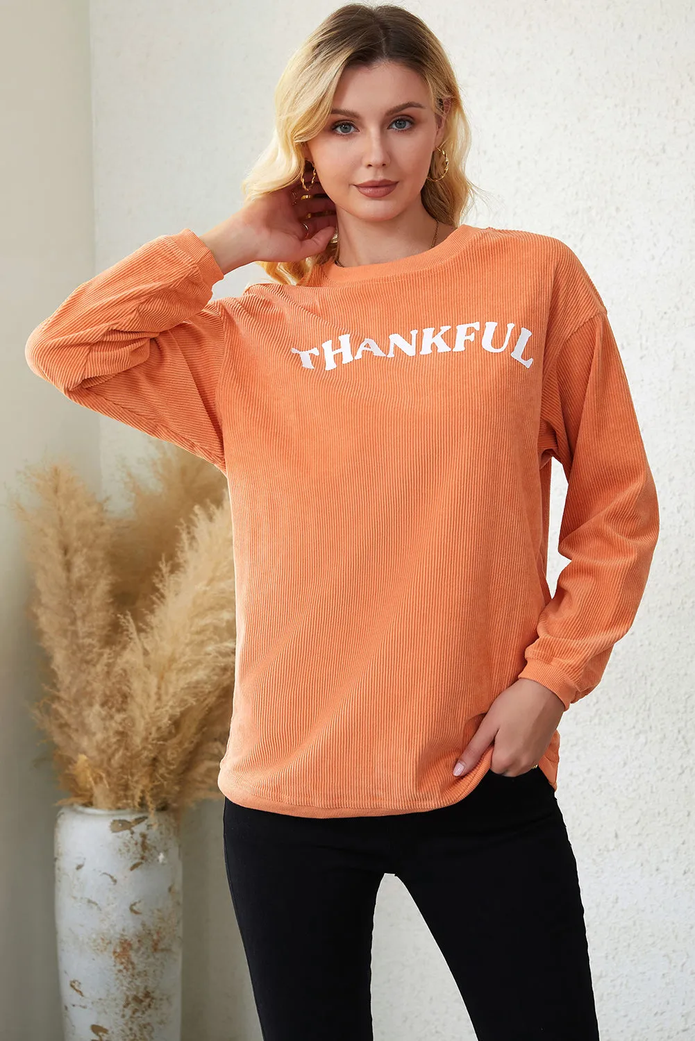 Orange Thankful Graphic Corded Sweatshirt