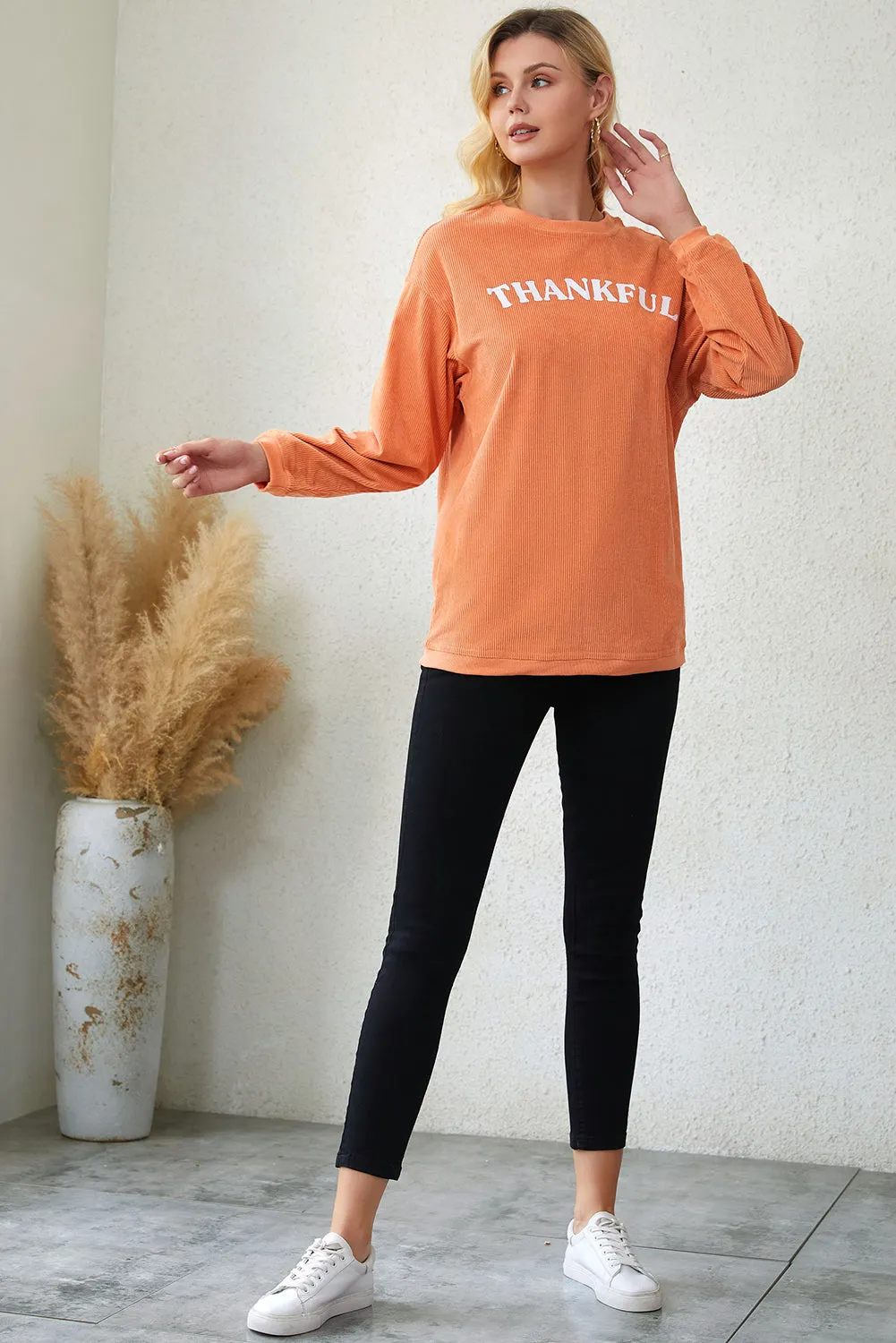 Orange Thankful Graphic Corded Sweatshirt