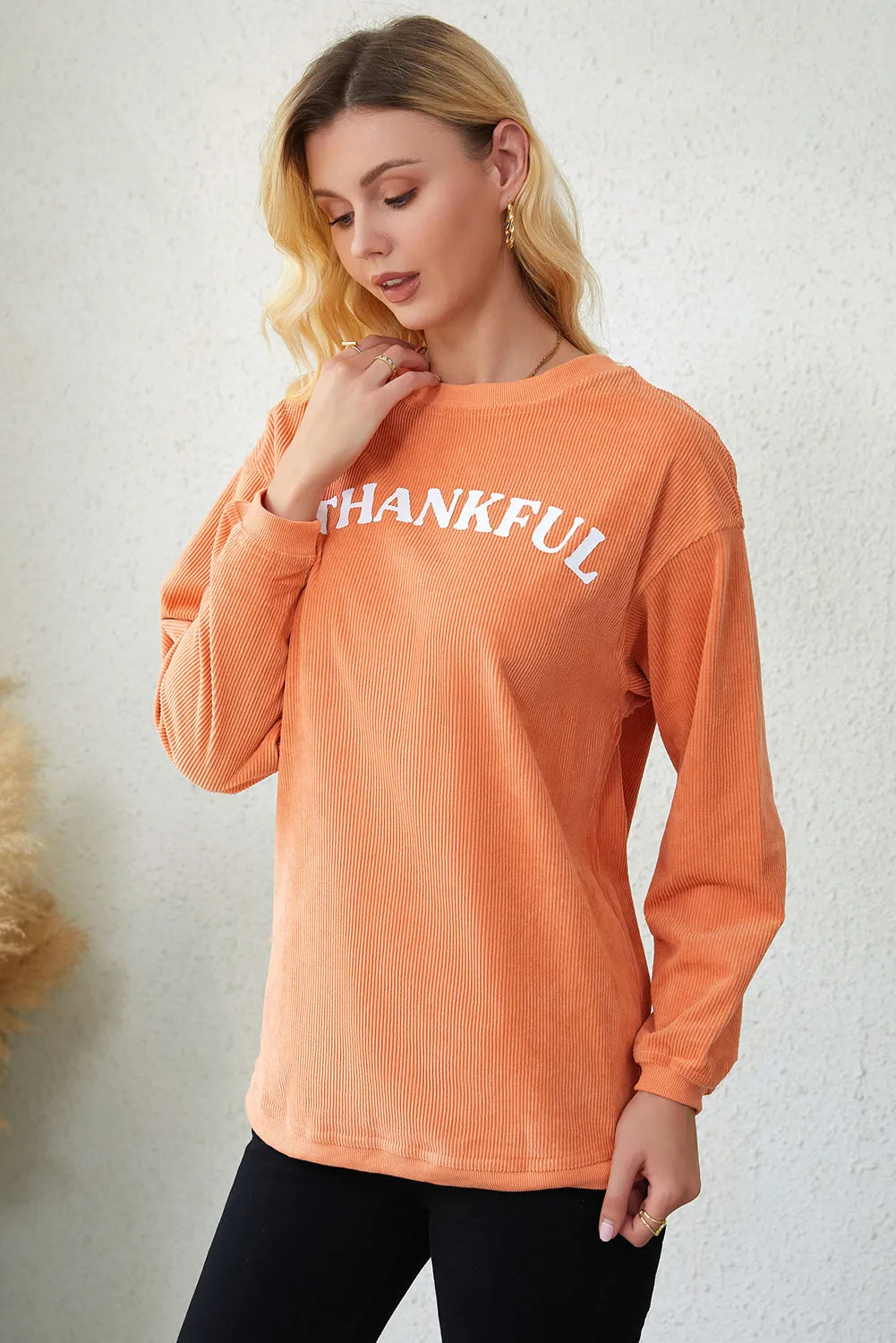 Orange Thankful Graphic Corded Sweatshirt