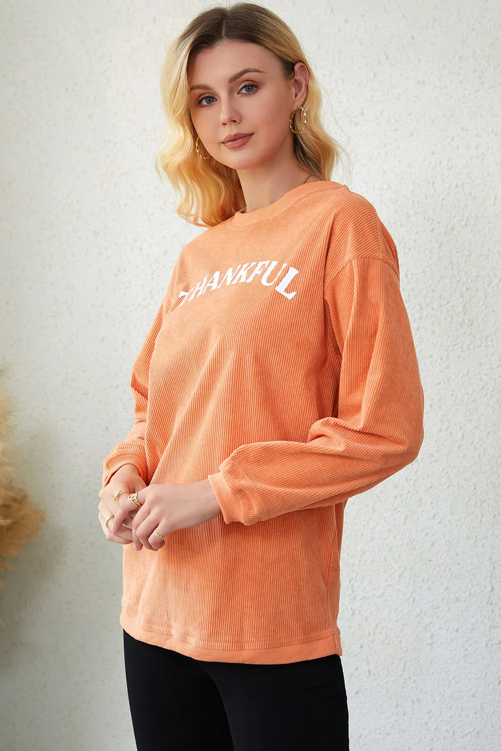 Orange Thankful Graphic Corded Sweatshirt