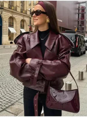 Oversized Leather Jacket in Wine Red - Stylish & Tough (Redou)