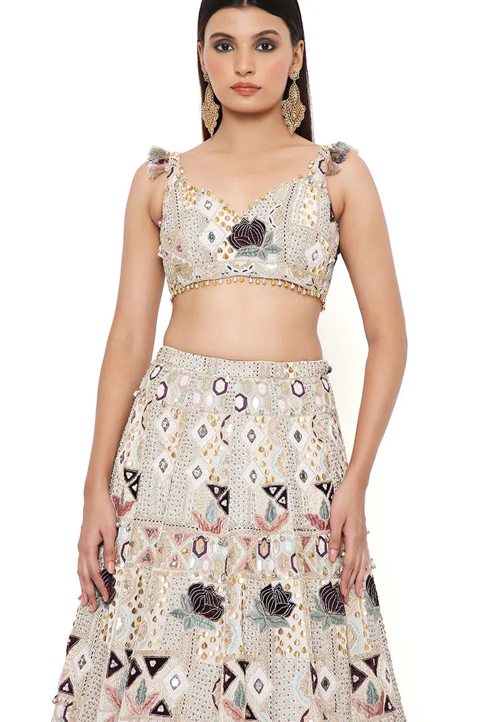 PADMA OFF WHITE GEORGETTE EMBROIDERED CHOLI AND LEHENGA WITH MUKAISH ORGANZA DUPATTA