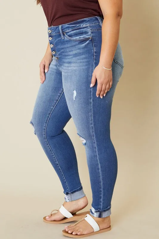 Paige High Rise Skinny Jeans - Button Fly, Medium Stone Wash, KanCan USA