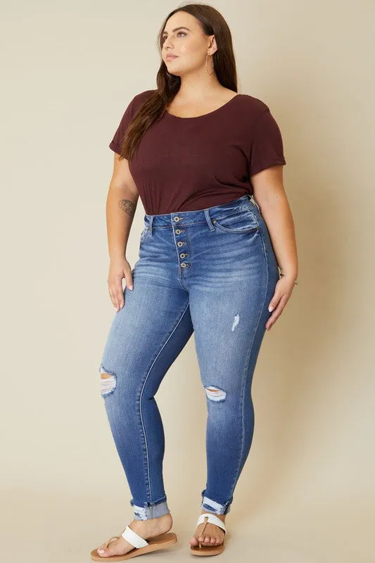 Paige High Rise Skinny Jeans - Button Fly, Medium Stone Wash, KanCan USA