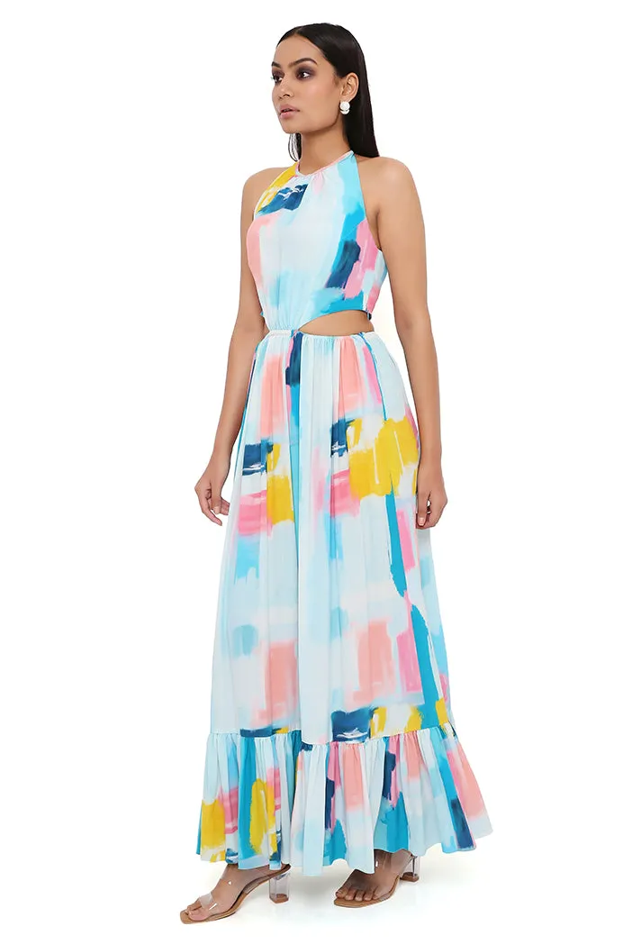 PAINTERLY PRINT CREPE CUT-OUT DRESS
