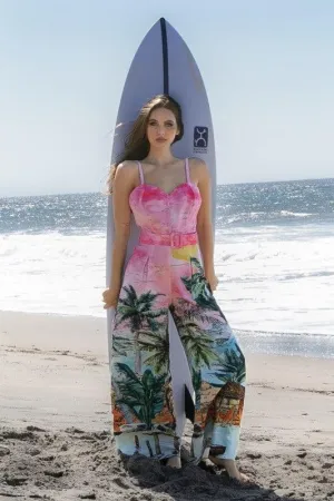 Palm Tree Paradise Border Print Wide Leg Jumpsuit