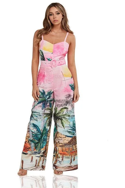 Palm Tree Paradise Border Print Wide Leg Jumpsuit