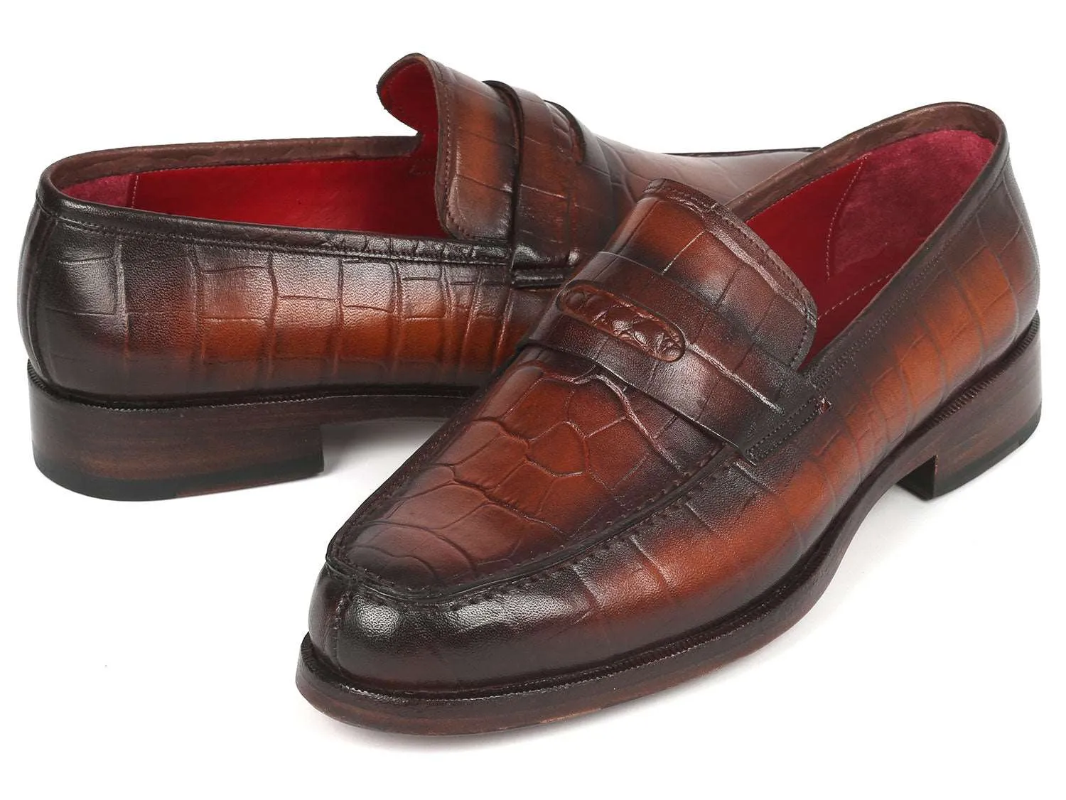 Paul Parkman Brown Crocodile Calfskin Penny Loafers