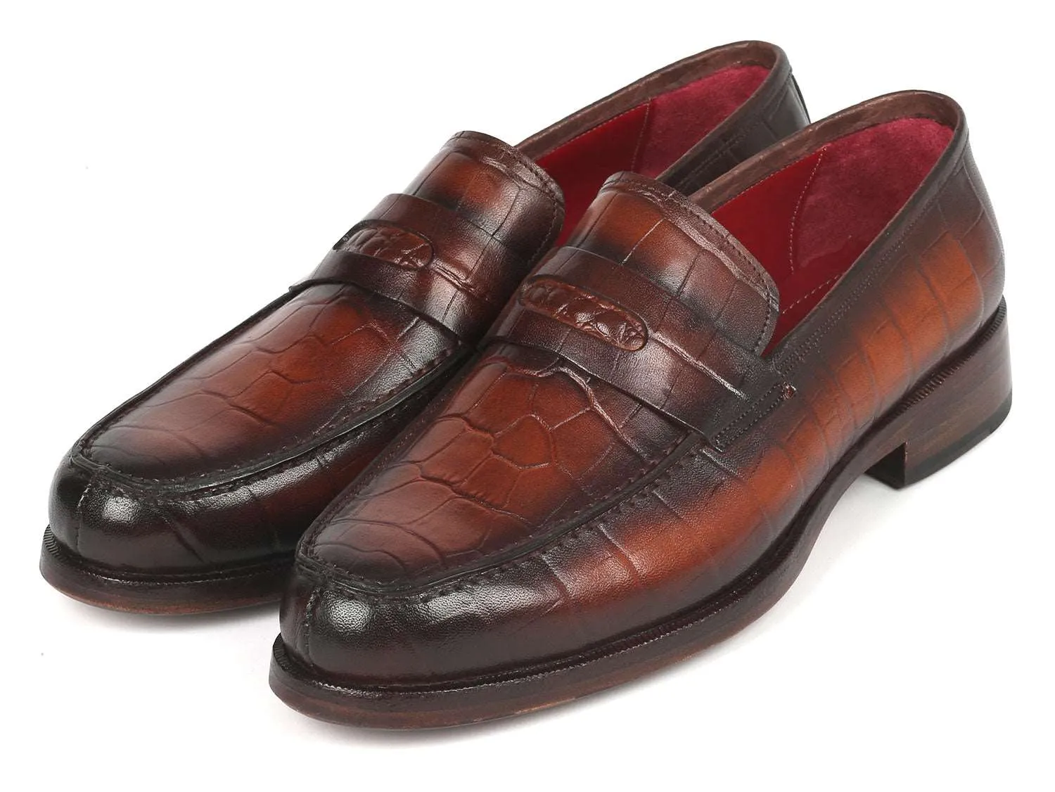 Paul Parkman Brown Crocodile Calfskin Penny Loafers