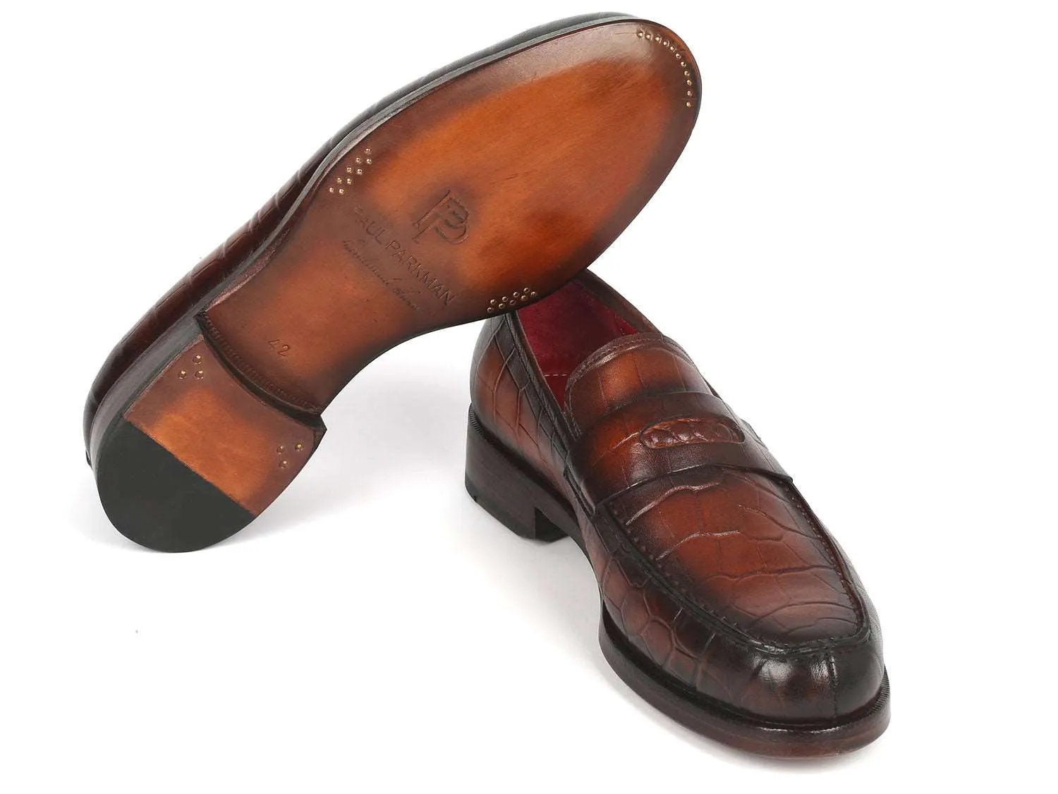 Paul Parkman Brown Crocodile Calfskin Penny Loafers